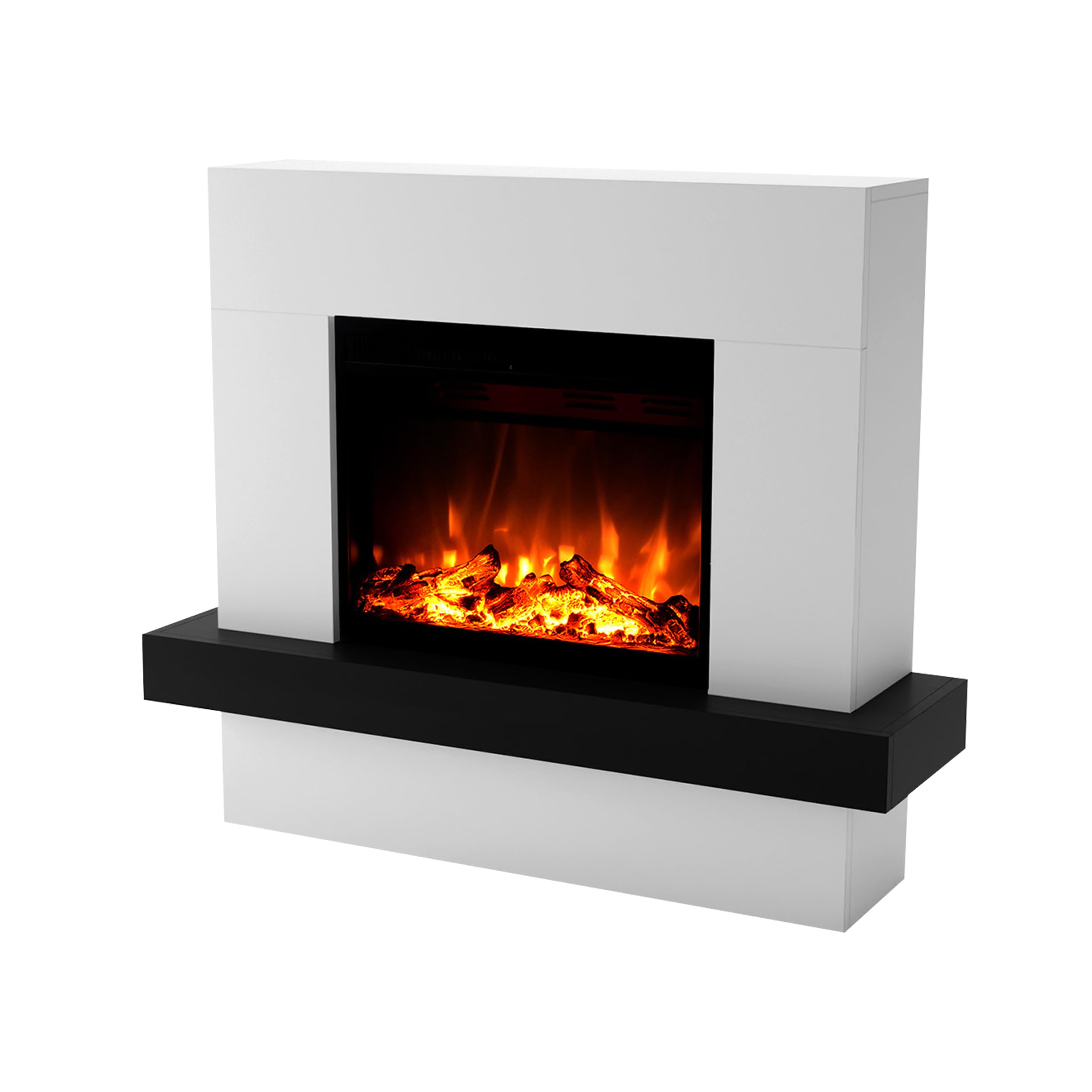 GF Core Elektrokamin mit Heizung und Kaminfeuer (Standkamin Pandora) - elektrischer Kamin mit LED-Feuer in 3 Farben, Heizlüfter, Holz-Deko & Fernbedienung, 114x97x32 cm, Weiß
