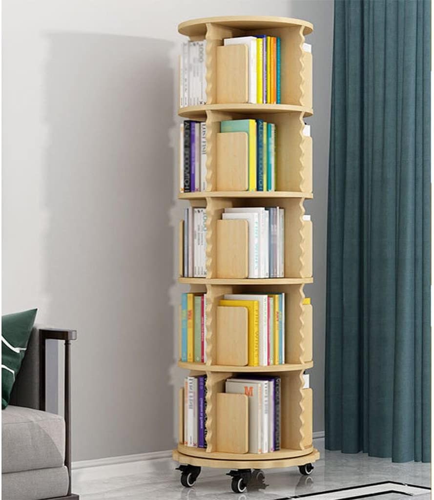 Revolving Solid Wood Bookcases Silent Wheel Floor Standing Bookshelf