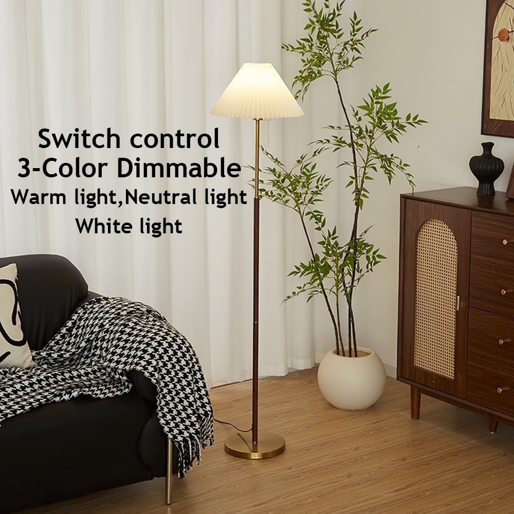 Lampa podłogowa z tkaniny w stylu połowy wieku, 150 cm, z żelaznego słojów drewna, ze złotą podstawą, zmienna intensywność E26, idealna do salonu, sypialni, biura lub willi.