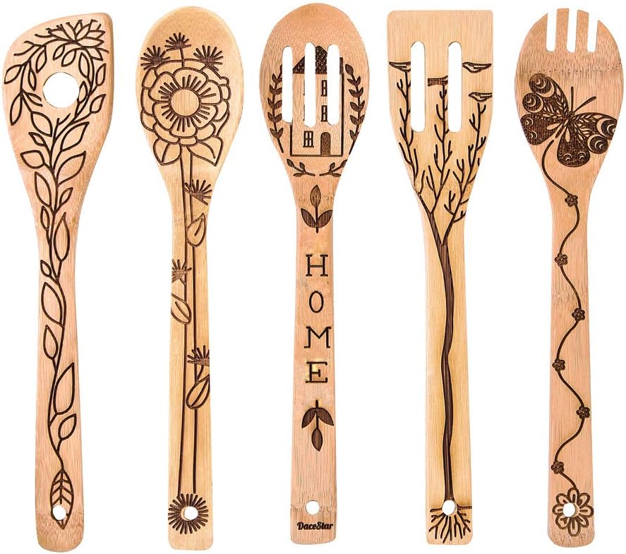 5 PCS Bamboo Spoons Cooking and Serving Utensils Set - Magic Pattern Burned Wooden Spoon Spatulas Kitchen Utensil Perfect Gift For Chefs & Foodies (Home spoons)
