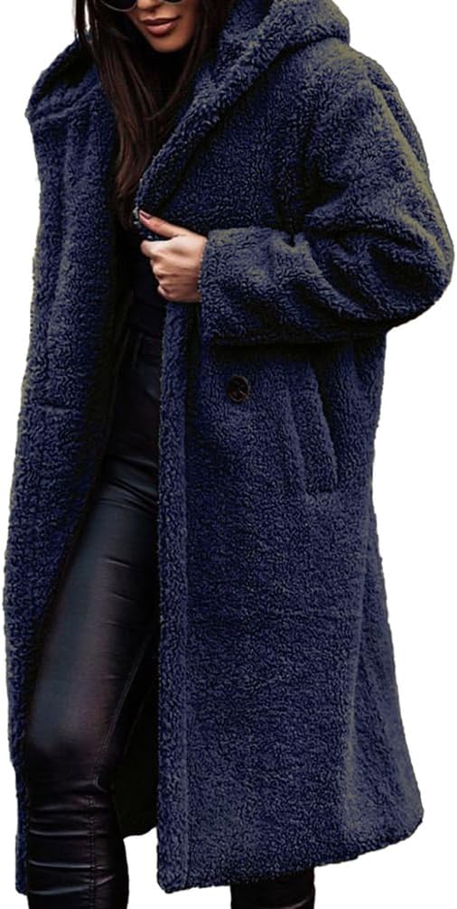 Women's Long Hooded Coats Fleece Warm Button Cardigan Jacket Outerwear Fashion Oversized Sweaters with Pockets