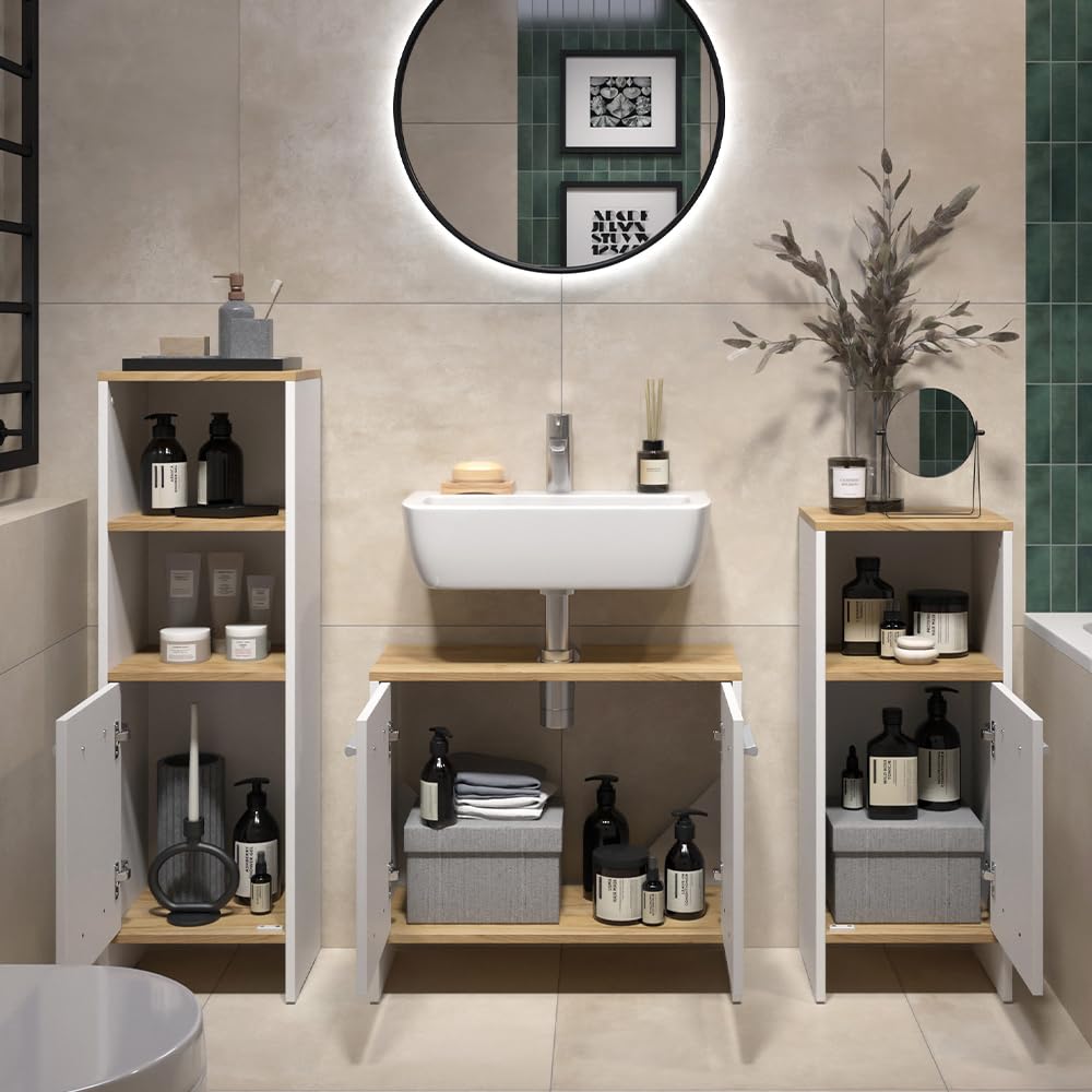 Vicco Ensemble de Meubles de Salle de Bains Karli, Chêne Blanc/Force de l'or, 131.4 cm, composé d’Un Meuble sous-lavabo, d’Une Armoire de Toilette et d’Une Colonne
