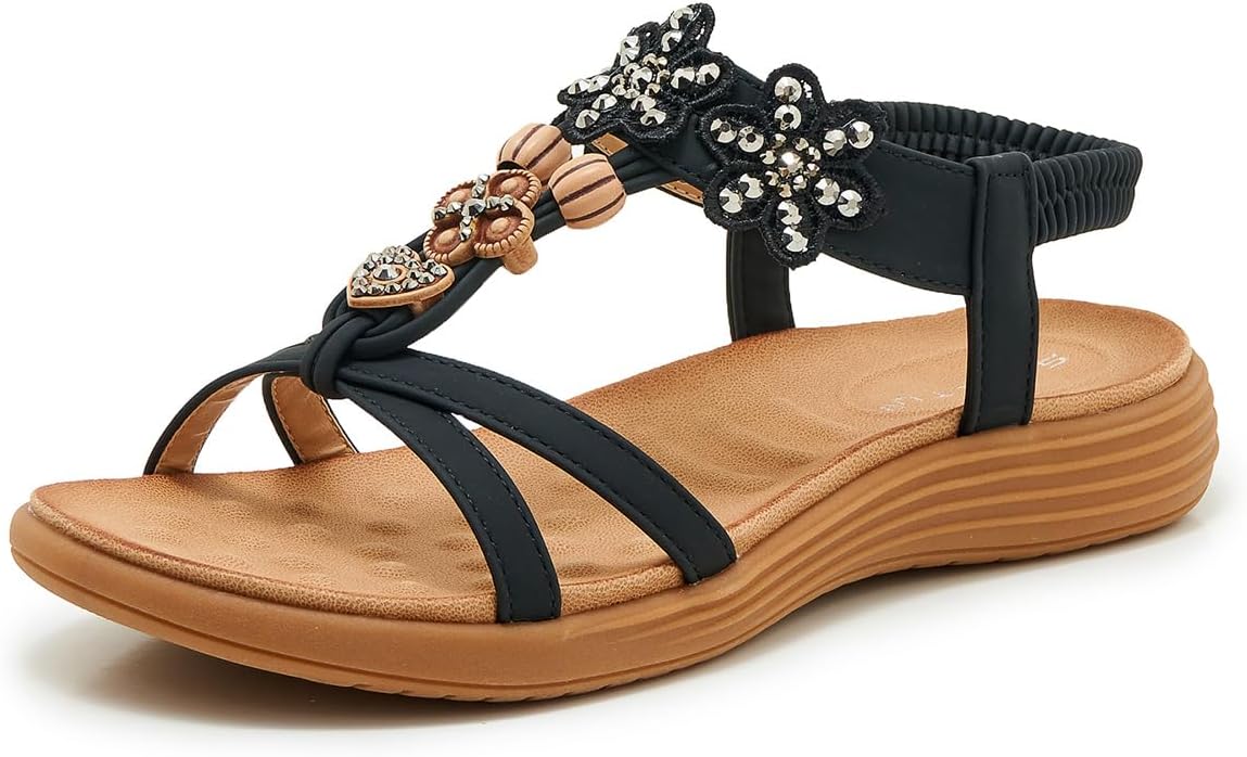 Women's Beaded T-Strap Sandals, Summer Bohemian Elastic Slingback Comfort Wedge Sole Beach Outdoor Sports Non-slip Shoes