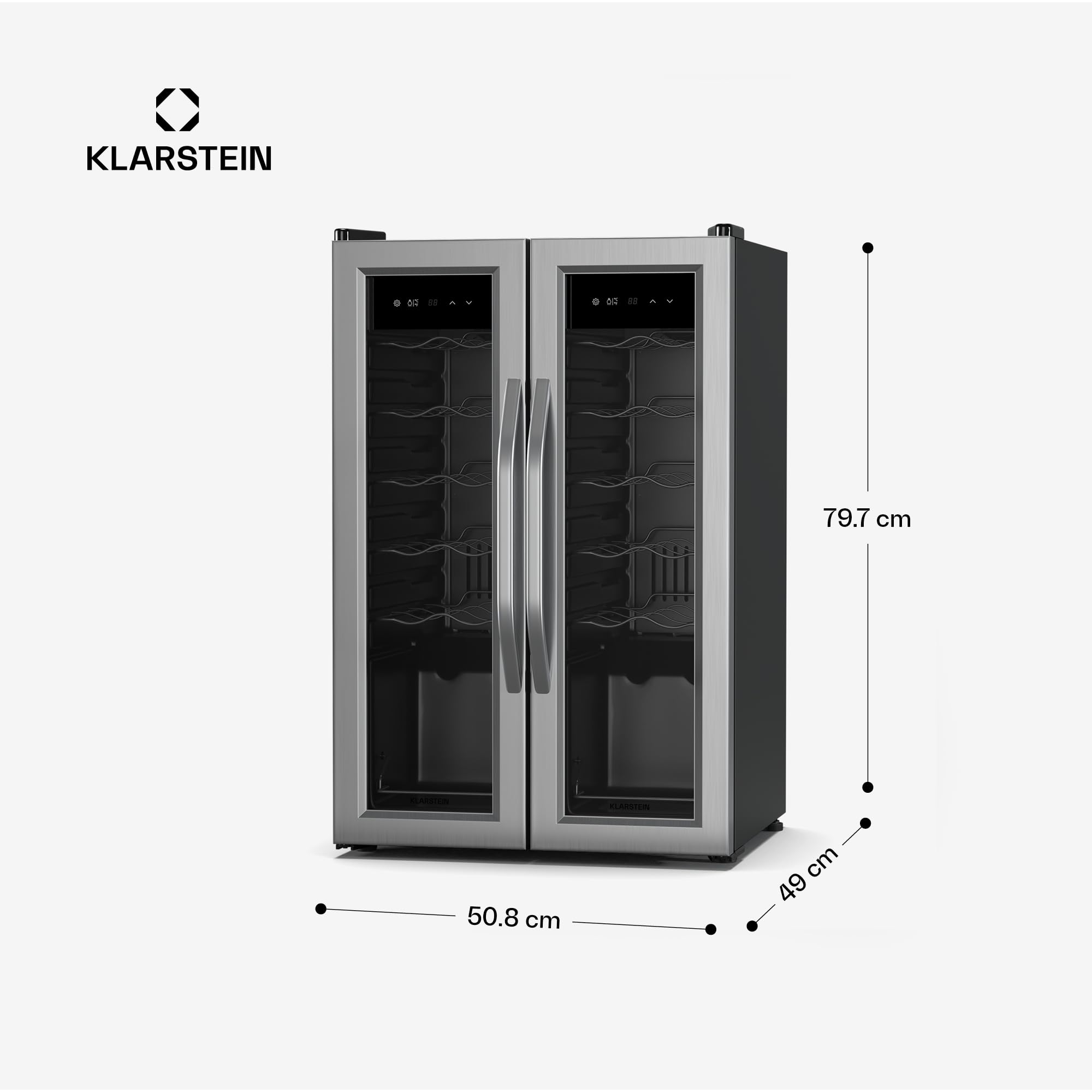 KLARSTEIN Vinamour nevera para vino 2 zonas - 24 botellas, 5-18°C, control táctil, iluminación LED, independiente, acero inoxidable doble puerta, nevera para vino