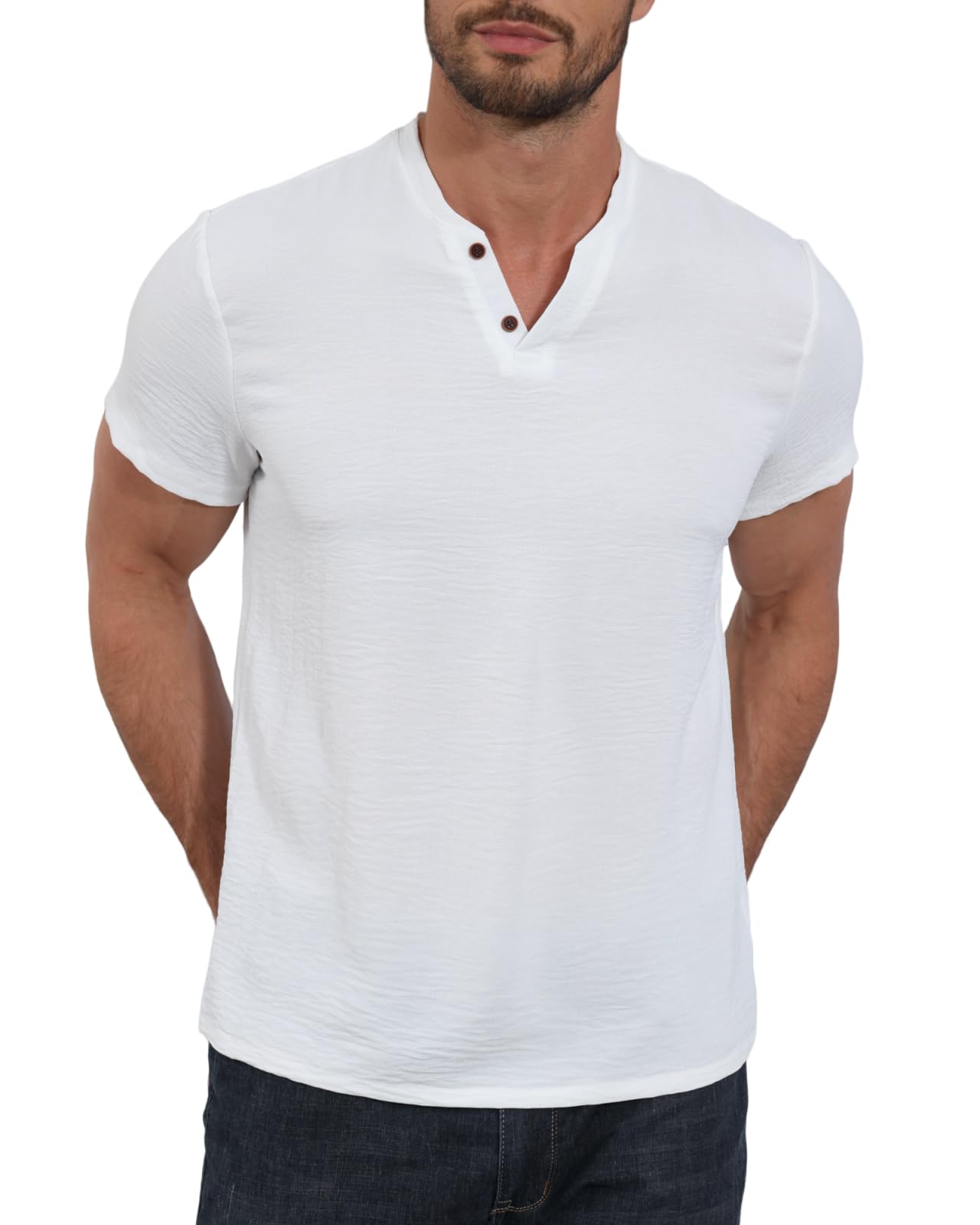 LAOARA Henry Maglietta da uomo estiva, a maniche corte, con bottoni, per vacanze, casual, leggera