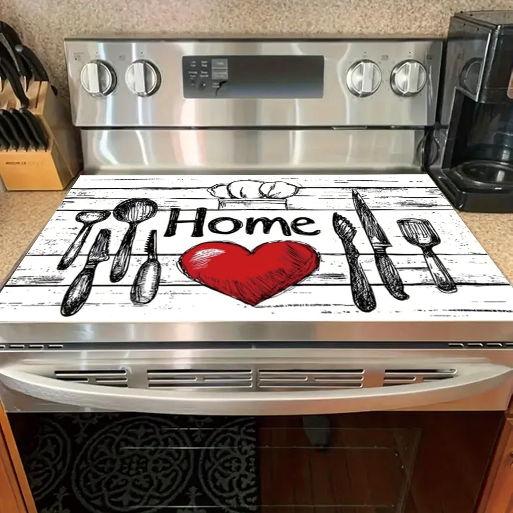 2D Flat Stove Top Cover Protector 28 x 20 Inch Home Heart Kitchen Utensil Design Electric Glass Cooktop Cover Heat Resistant Counter Cover Reusable Kitchen Stove Protector