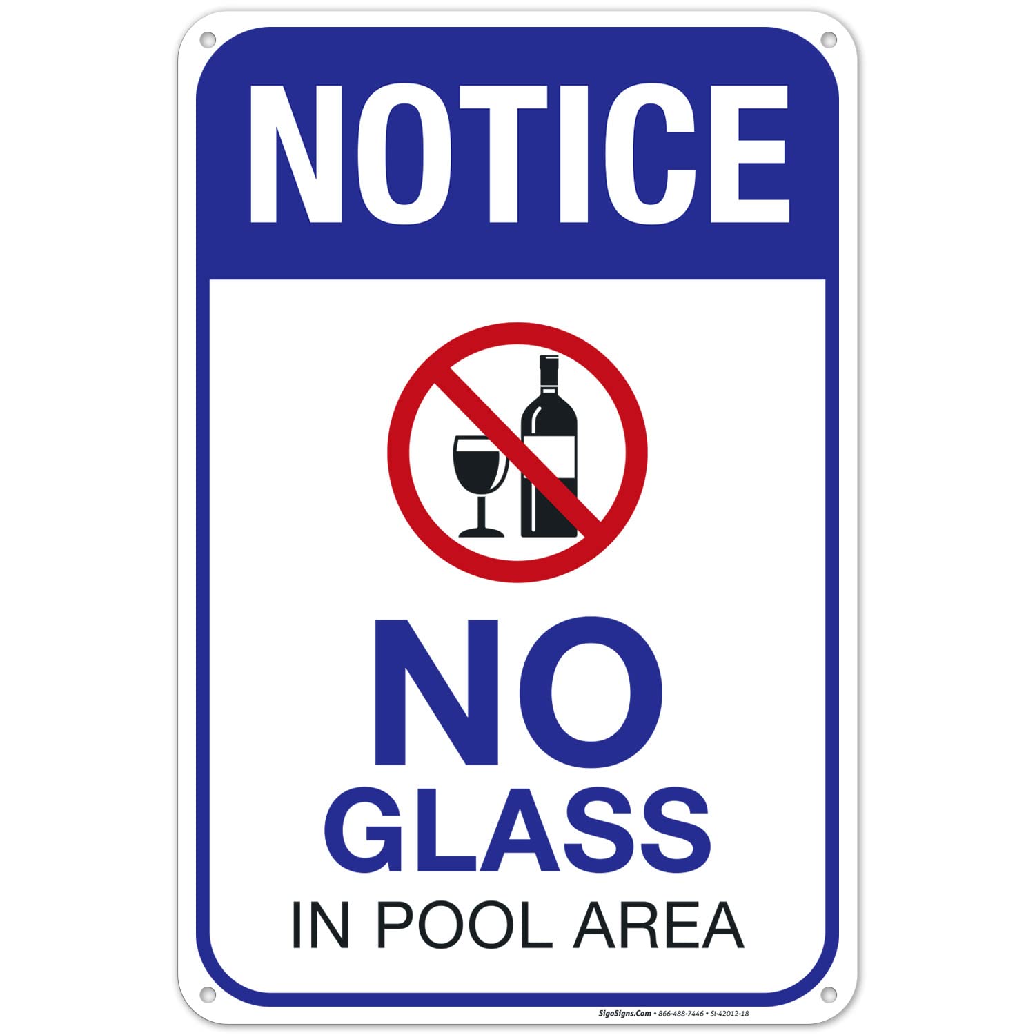 No Glass in Pool Area Sign, Pool Sign, 12x18 Inches, 55 mil Thick HDPS (high Density polystyrene), Made in USA