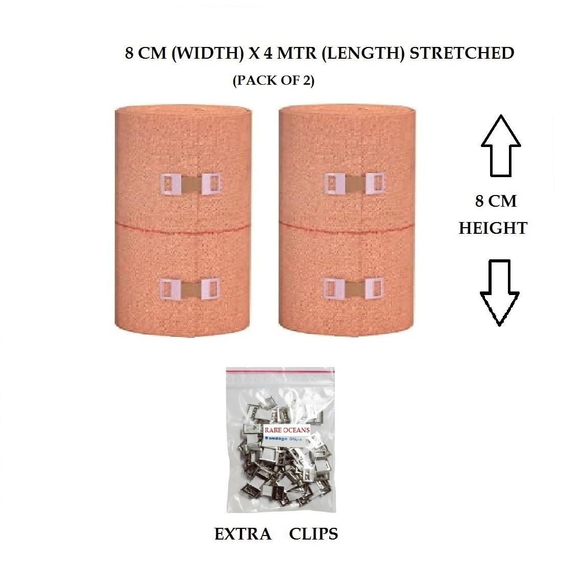 RARE OCEANS Elastic Cotton Crepe Bandage Width 8cm X 4m Stretched Length (Pack of 2 nos) - Wrist/Ankle/Thigh/Hand/Elastic Garam Patti/Support for Leg/Knee crepe Bandage with Extra clips 1
