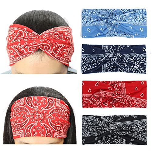 Boho Headbands for Women Wide Head Bands No Slip Fashion Knotted Headband for Yoga Workout Sports Hair Bandana Criss Cross Vintage Head Wrap for Women and Girls 4 Packs