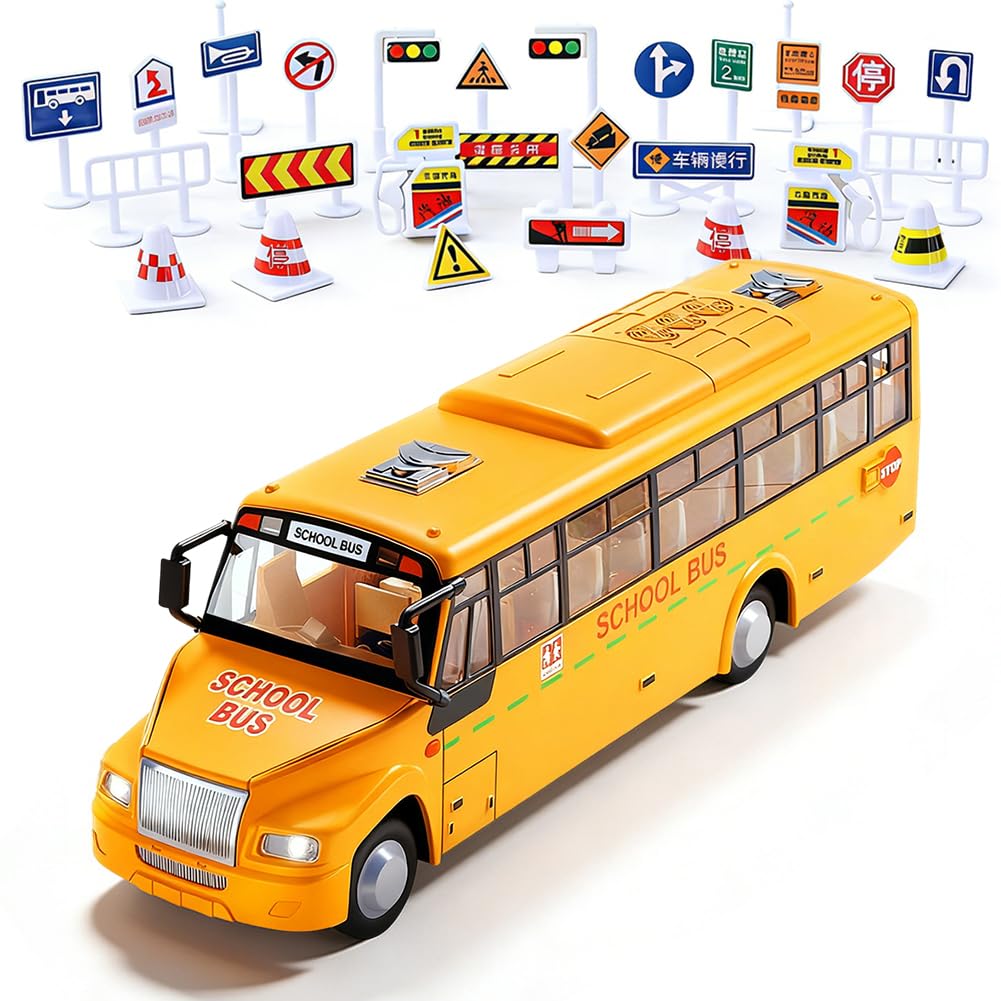 HAJXXMM School Bus Toy with Sounds & Lights, Openable Doors & Top Cover, Pull Back Toy School Bus
