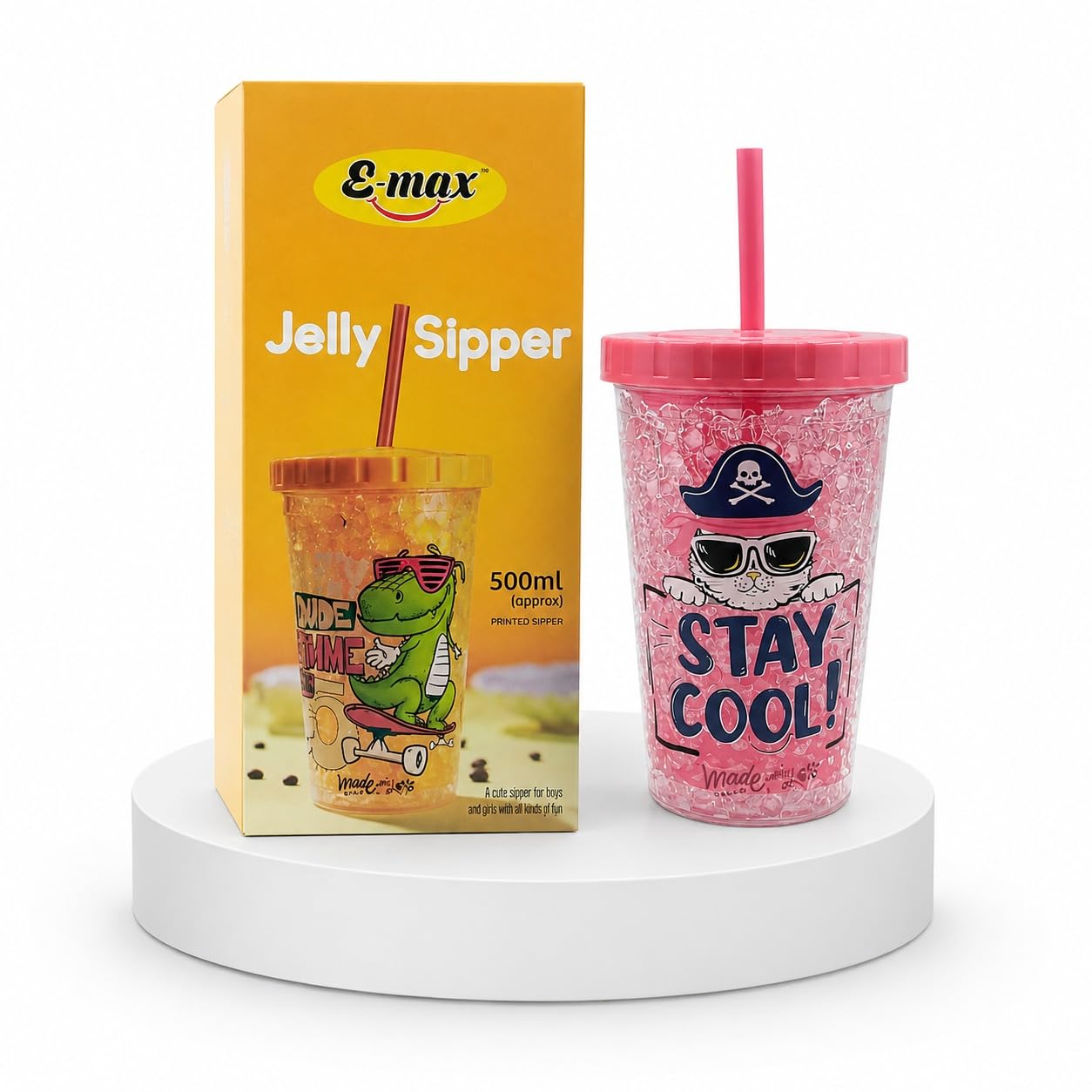 SMAX Jelly Sipper Cup with Straw 500ml | BPA Free Reusable Tumbler with Lid | Leak Resistant Cold Drink Cup for Juice, Smoothies, Milkshake, Water & Iced Coffee | Cute Printed Sipper for Kids (Pink)-image-26
