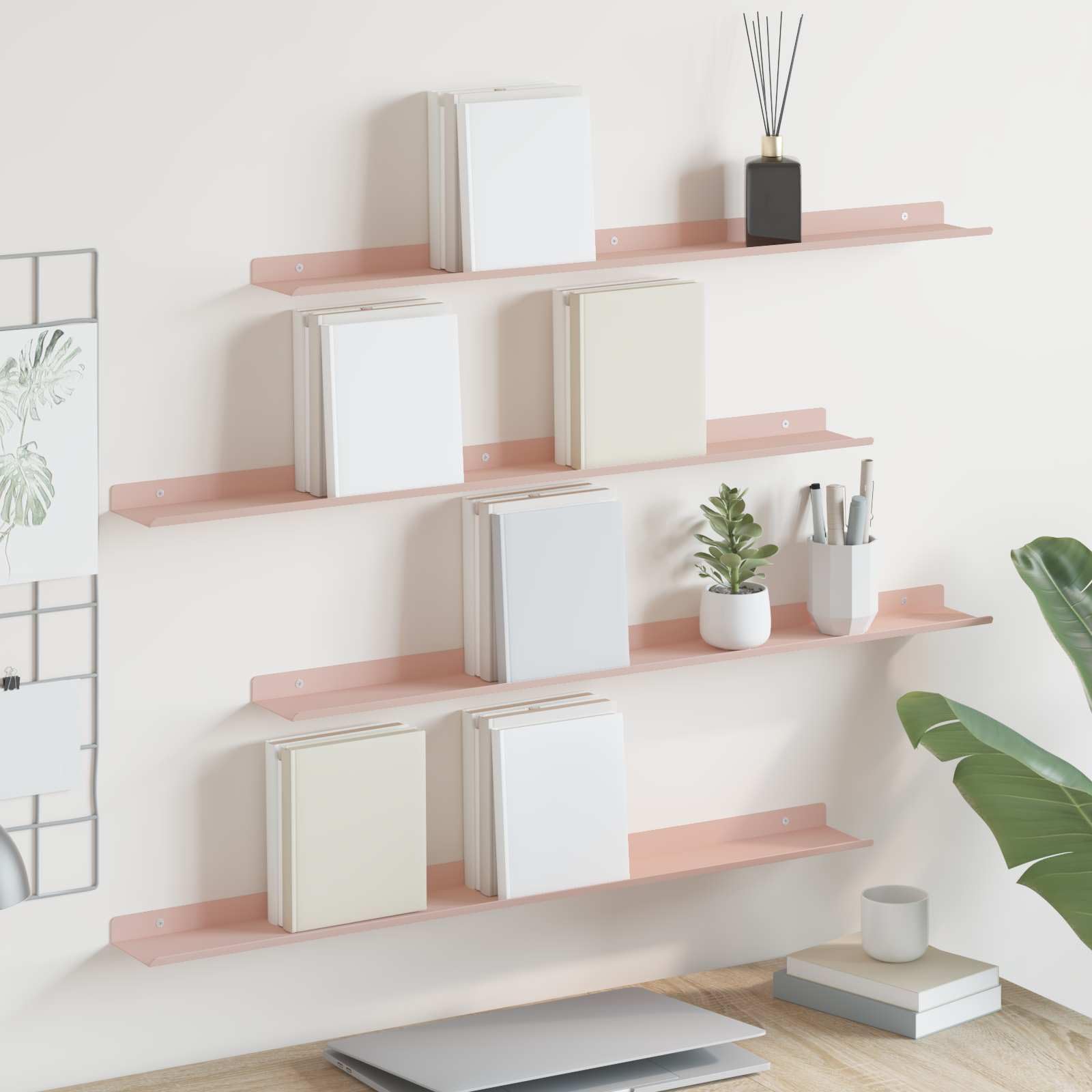 Schwebendes Wandregal aus Stahl 4er Set Rosa matt 80 x 9 x 2,5 cm, hängeregal, Bücherregal, Küchenregal, Badregal für Aufbewahrung und Deko