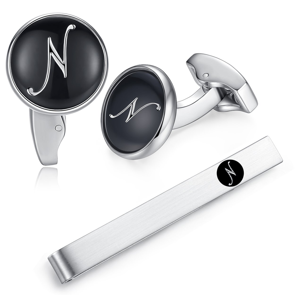 HONEY BEARInitial Letter Alphabet Cufflinks & Tie Clips Set – Stainless Steel for Wedding Business Gift Men's Shirt Black