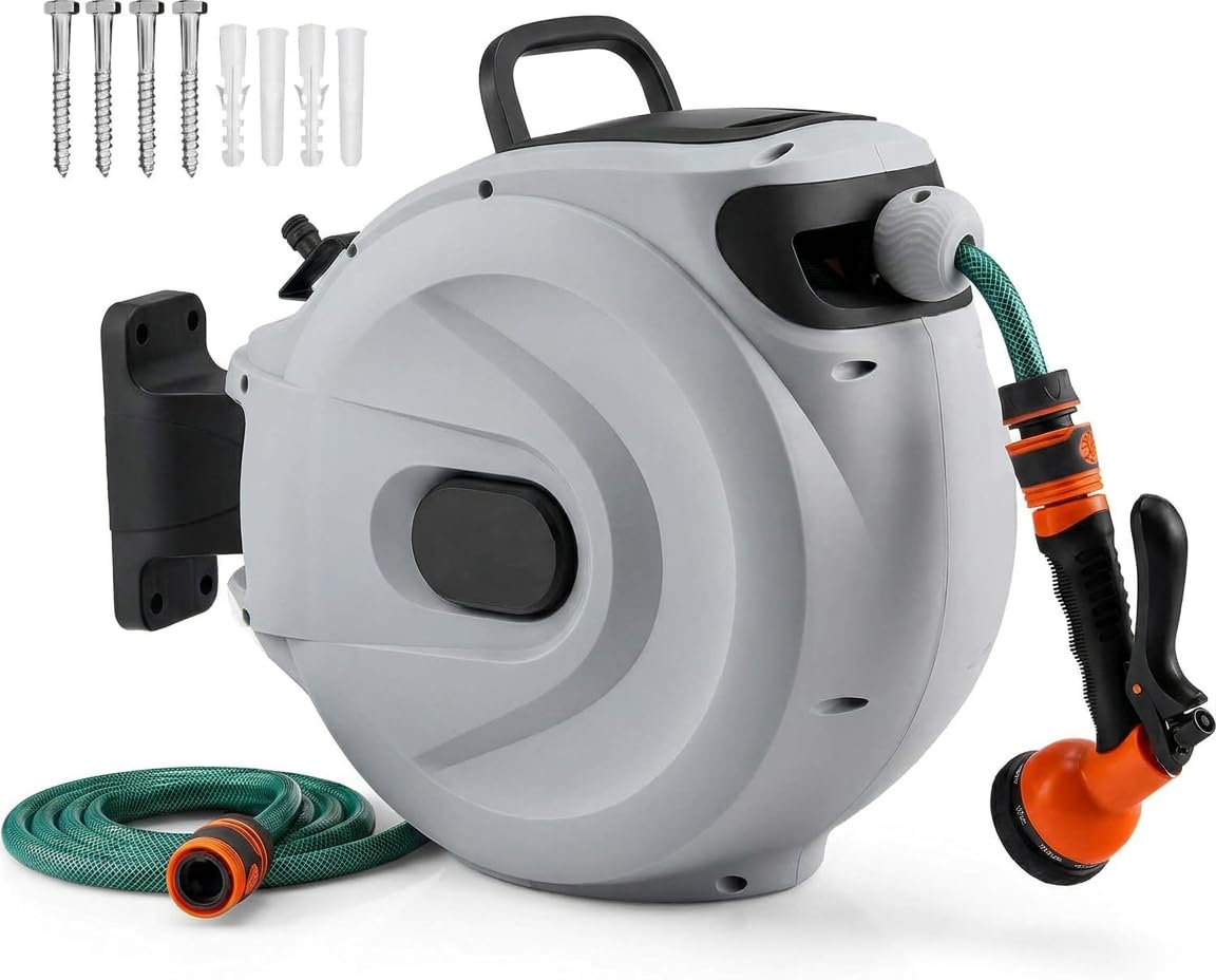 GiantexUK Wall Retractable Hose Reel, Air Compressor Reel Watering Tool with Auto Rewind, Locking System, 180° Swivel Bracket and 8 in 1 Nozzle (15+1M Pipe, Grey, 38 x 20 x 37cm) — image 1
