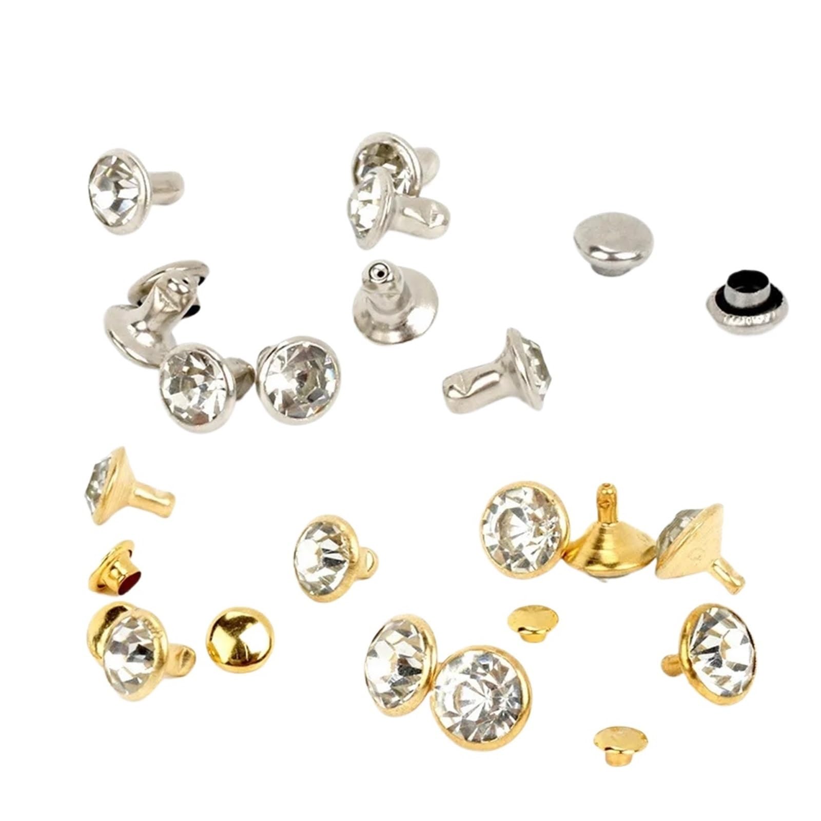 Remaches de cristal metálico, Juego de tachuelas con remaches diamantes imitación 5-12 mm plateado/dorado 50/100/200
