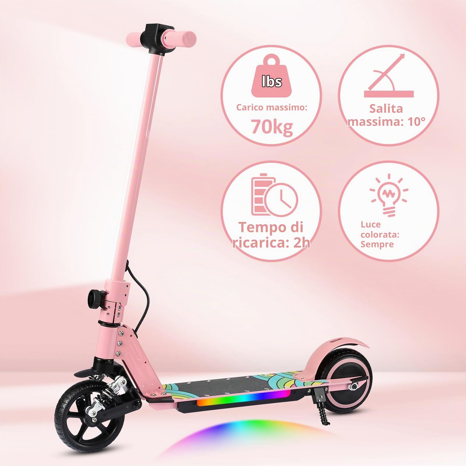 Monopattino elettrico per bambini, 6-12 anni, 130 W, 14 km/h, portata 8 km, luci LED colorate, pieghevole, scooter elettrico per ragazzi e ragazze, regalo per bambini