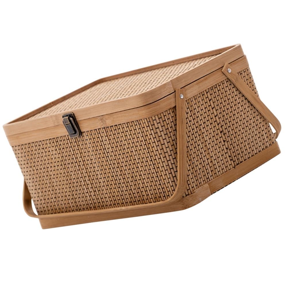 Cesto portaoggetti per uova, con coperchio per frutta, decorativo, da picnic, in bambù intrecciato intrecciato (35 x 25 x 18 cm)