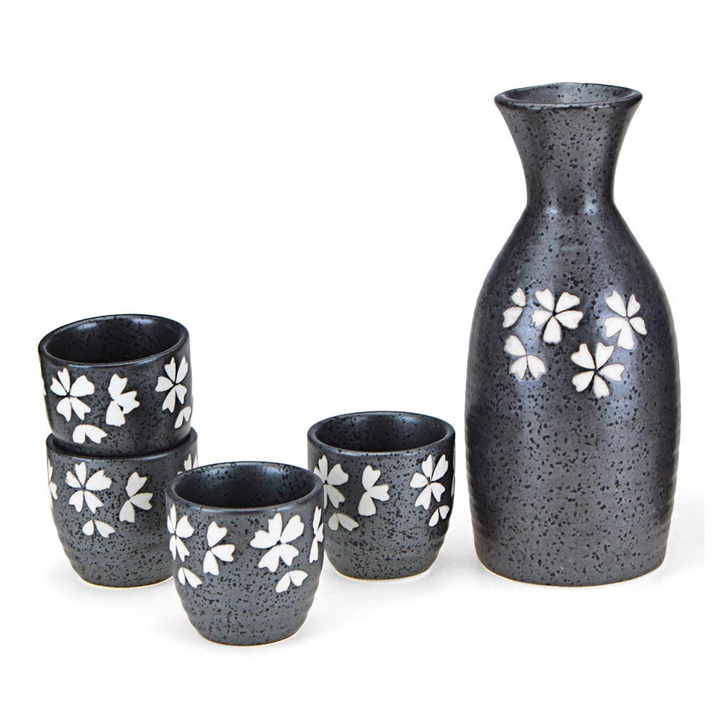 MRKU Service à saké 5 pièces, Ensemble de Tasses à saké japonaises, Tasses en céramique au Design Noir peintes à la Main Traditionnelles, Texture pittoresque, pour thé Shochu Chaud et Froid, Meilleur