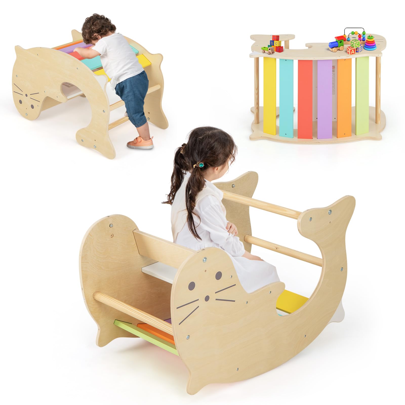 COSTWAY Toddler Climbing Frame, 3 in 1 Wooden Arch Climber Rocker Ladder with Cute Sea Lion Pattern, Indoor Kids Montessori Play Gym for Boys Girls