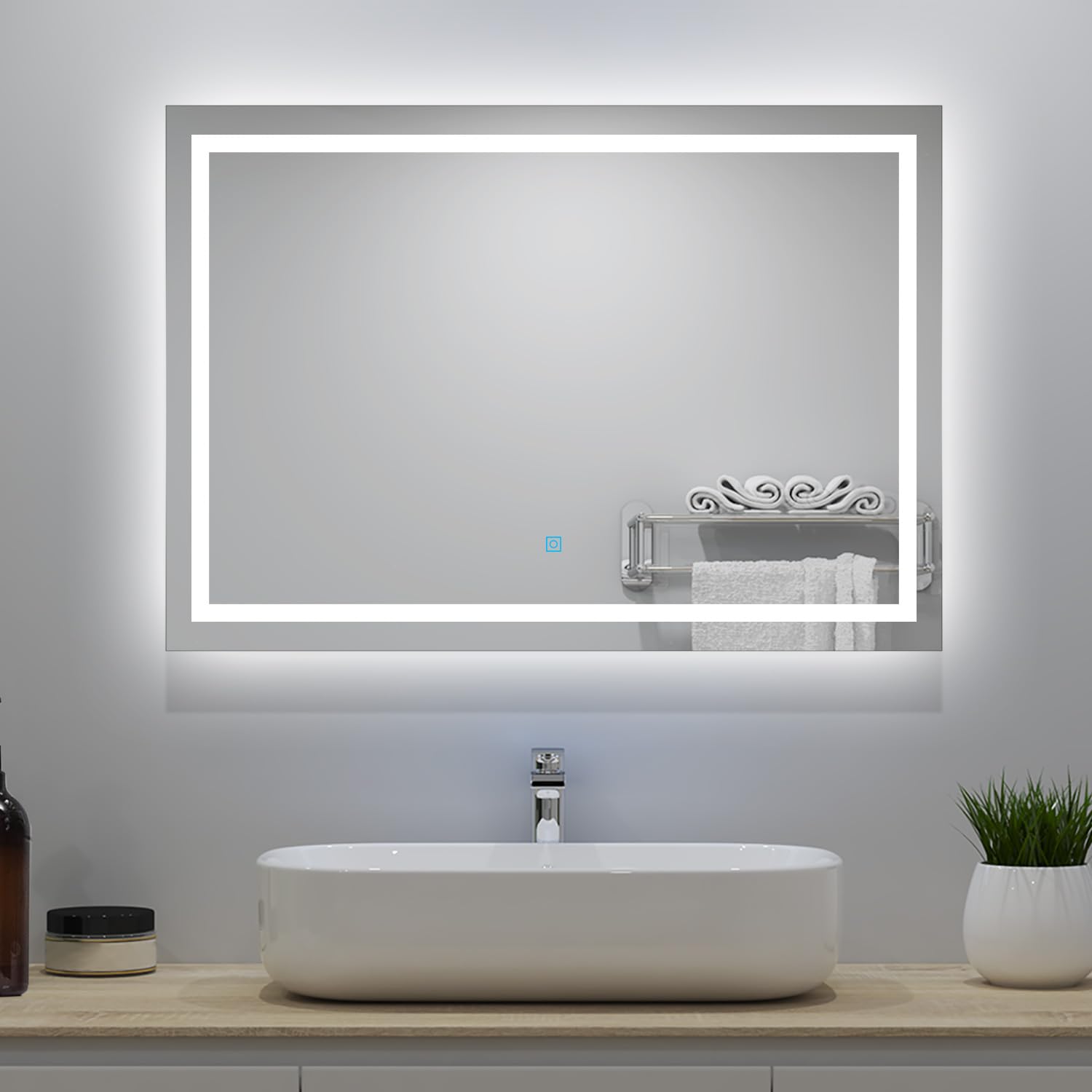 Biubiubath Bathroom 1100x700mm Bathroom LED Mirror with Lights Demister Touch Sensor Wall-mounted Horizontal/Vertical