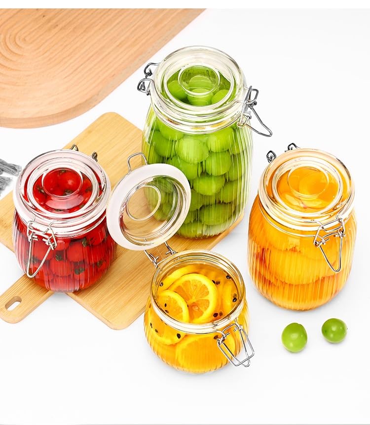 Image of ginoya brothers Airtight Glass jar with lid Storage Containers,Glass Canister, Mason Jars, Small Striped Clip Fastening Jar for Kitchen Canning, Overnight Oats, Pickle, Spice. (2, 500 ML)