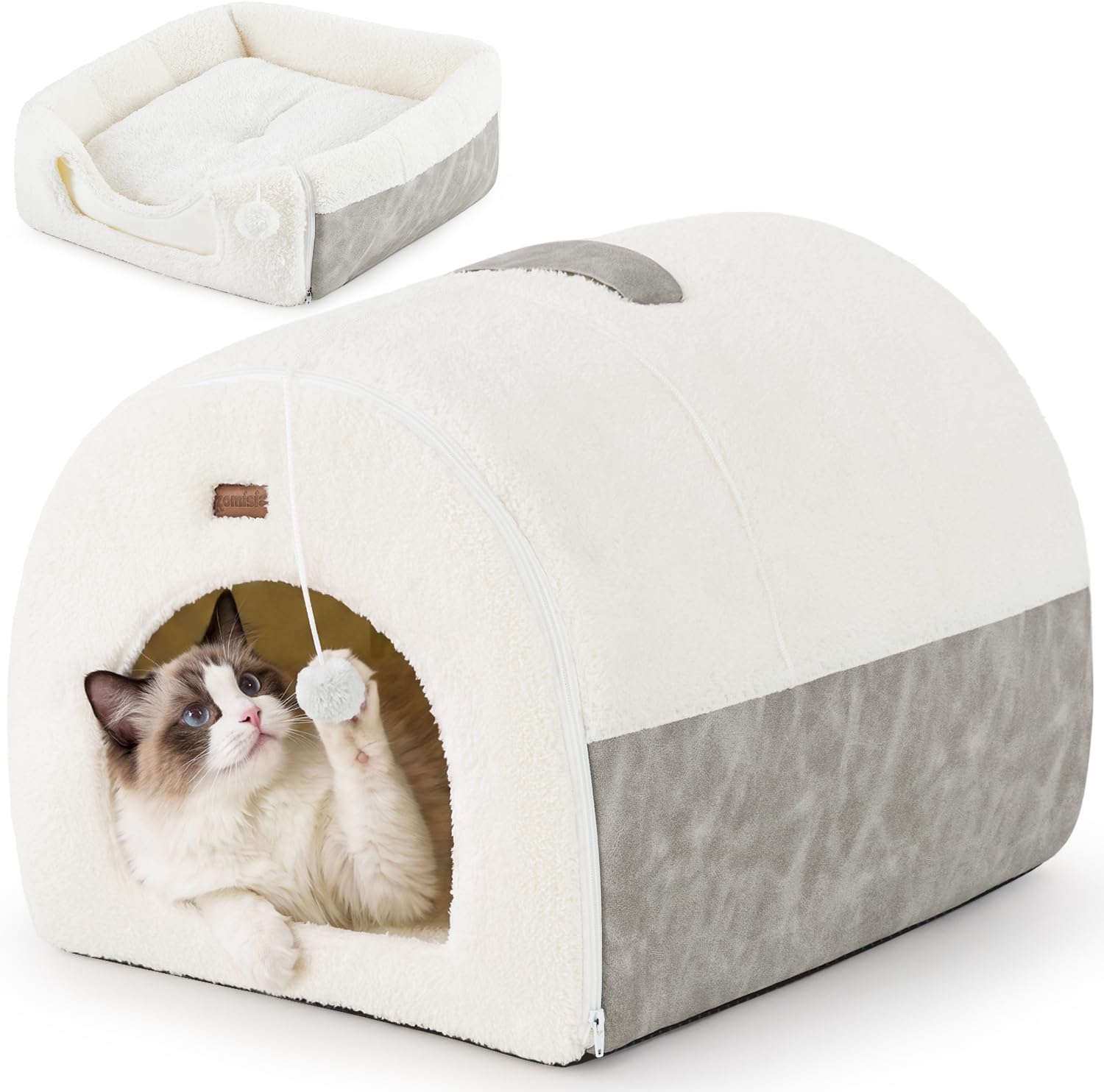 ZOMISIA 2in1 Cat Bed Cave for Indoor Cats & Small Dog, with Washable Pillow | 17 inch, Large Enclosed Cat Hideaway with Non-Slip Bottom, Cozy Dog Cave for Anxious Pets, Easy to Assemble, Removable Pillow