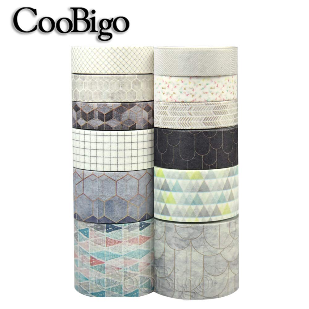 Zestaw taśm Washi, 12 rolek, 4 rozmiary, dekoracyjne taśmy maskujące Washi do rzemiosła, scrapbookingu, DIY, planerów, pakowania prezentów (wzór geometryczny)