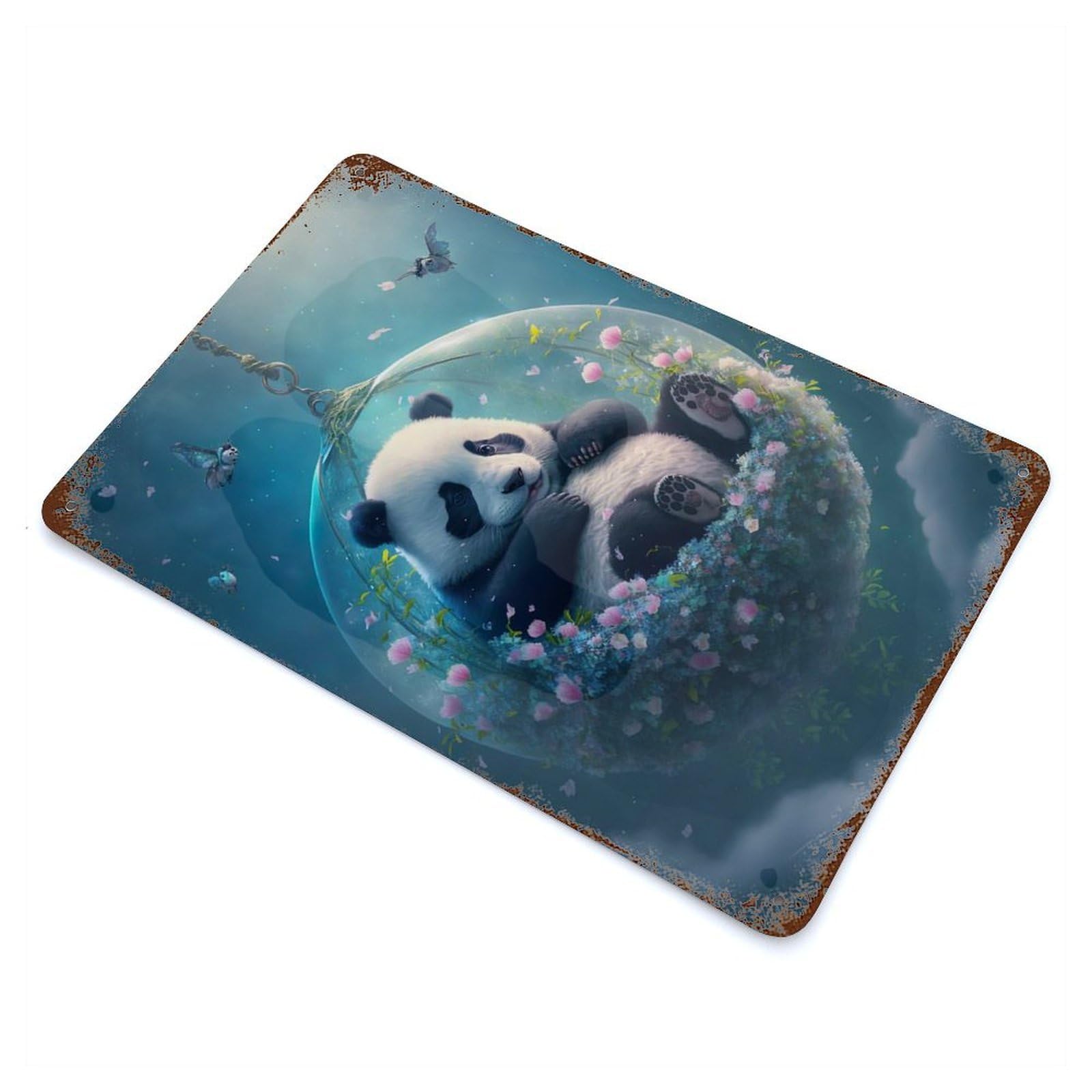 Aged Metal Wall Plaque with Panda Naptime Design 11.8"x7.9", for Basement, Hobby Room And Garage Decor, Farmhouse Wall Decor