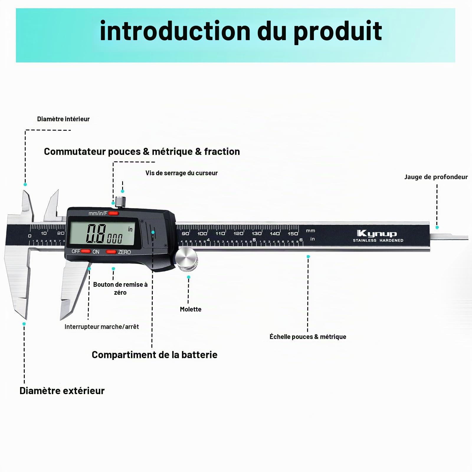 Kynup Pied à Coulisse Numérique, Pied a Coulisse Digital 150mm, Écran LCD, mm/inch/fraction, Digital Outil Micromètre Vernier, Off Automatique, Acier