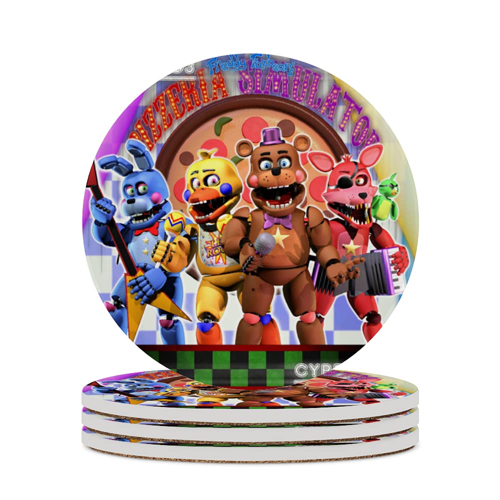 Coaster for Drinks Absorbent Cartoon Series Ceramic with Cork Base, Avoid Furniture Being Scratched and Soiled, Suitable for Kinds of Cups，Single Pack (Cartoon Freddy 2)