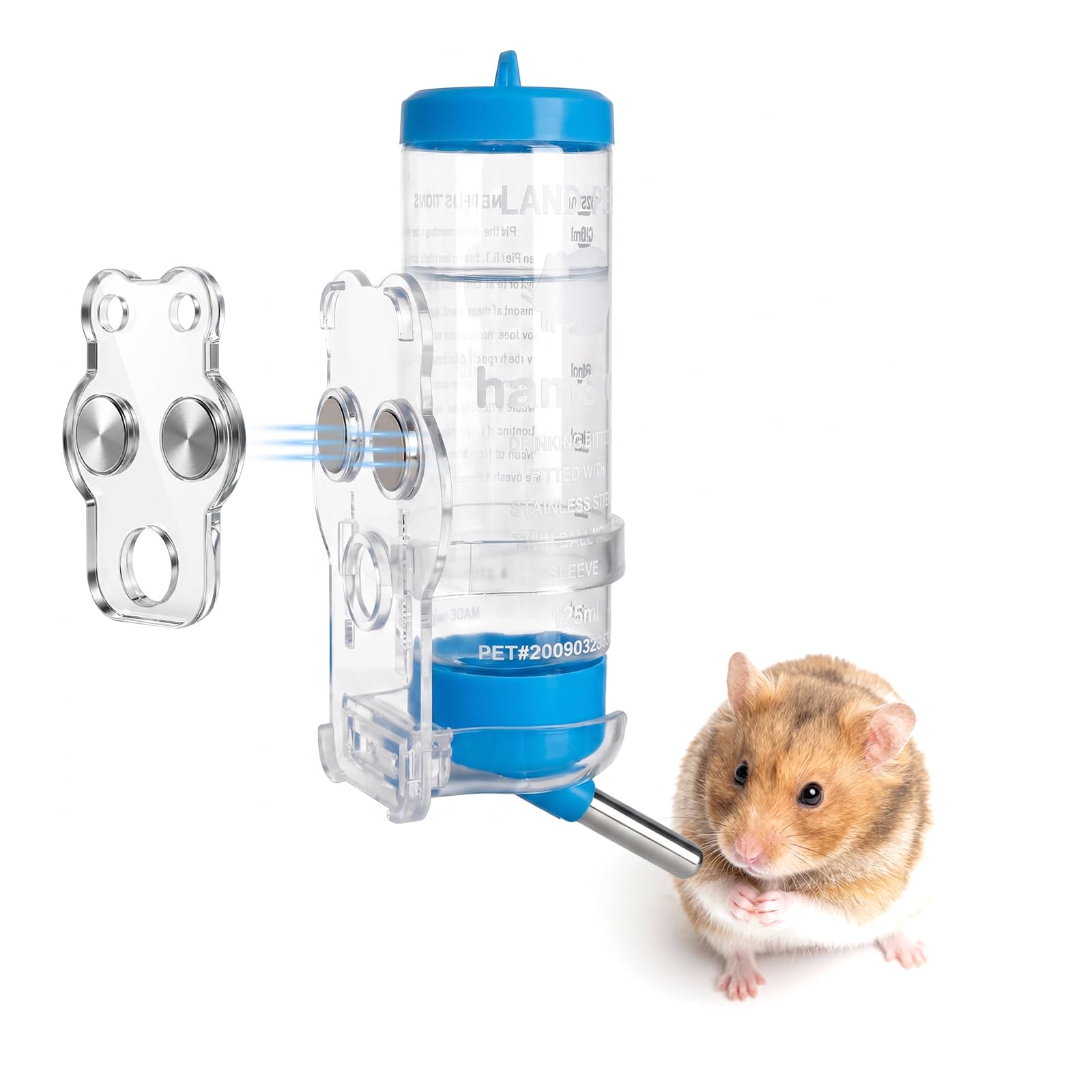 Botella de Agua para hámster con stents magnéticos, 125ml bebedero hamster automático con soporte, comedero para hámster a prueba de fugas para hámsteres sirios, hámsteres enanos, conejos y degús Azul