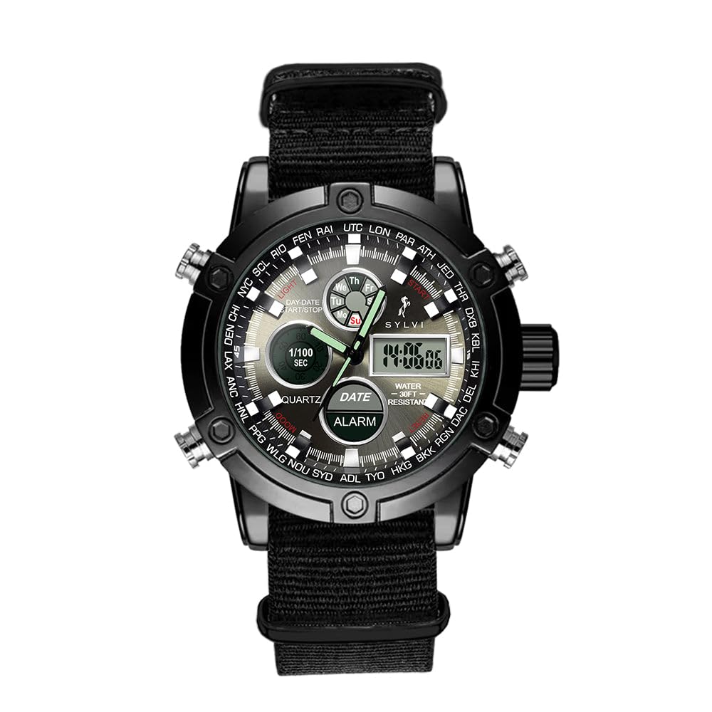 Sylvi Iconic Collection Analog Digital Wrist Watch for Men | Casual Multi-Functional Dual Time Watch | Waterproof Wrist Watch for Men & Boys | Fabric NATO Strap (Coffee) (B0D29FDKZ6) Amazon Price History, Amazon Price Tracker