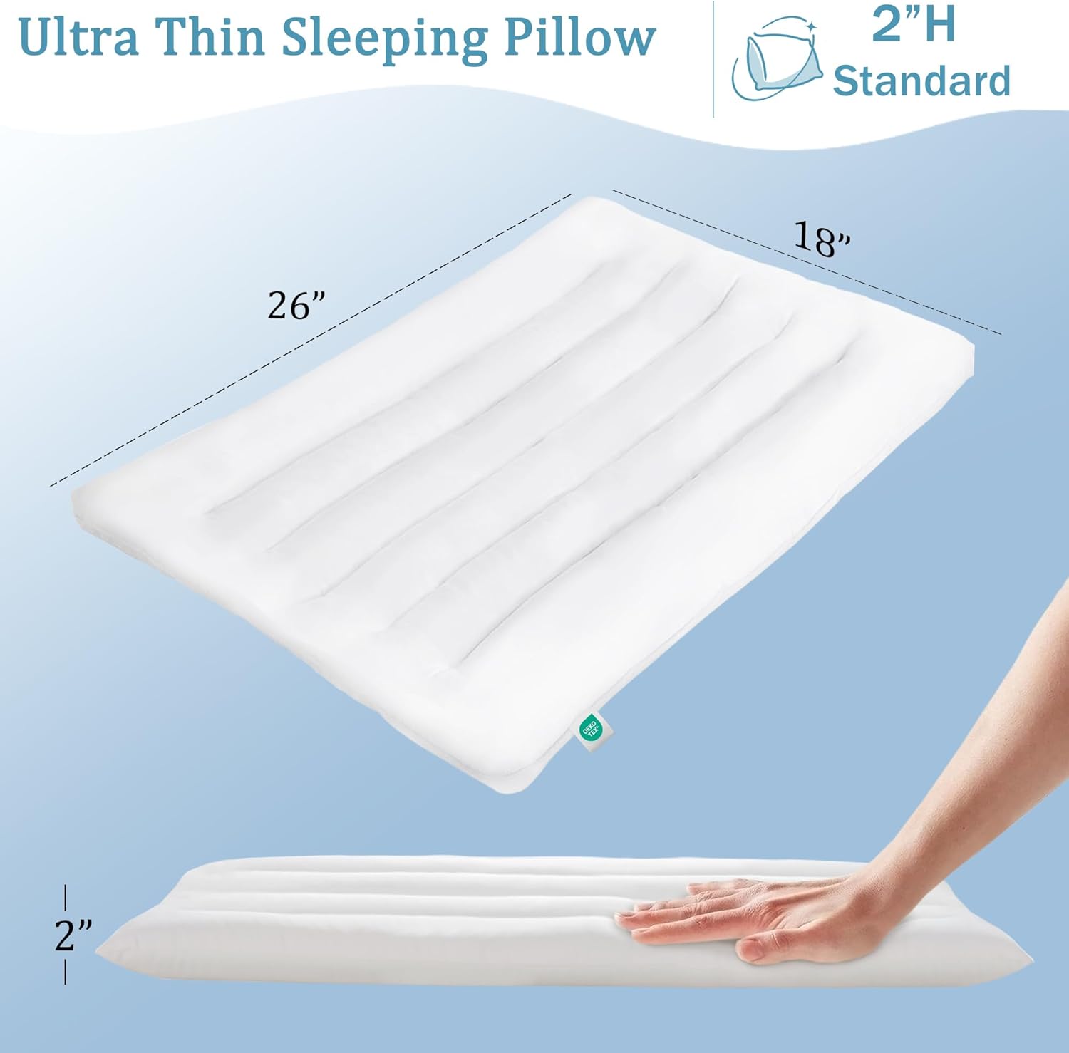 Ultra Thin Flat Pillows Standard Size Set of 2 Pack, 2 Inch Height Slim Pillows, Down Alternative Filled Low Bed Pillows for Back and Stomach Sleepers 18x26