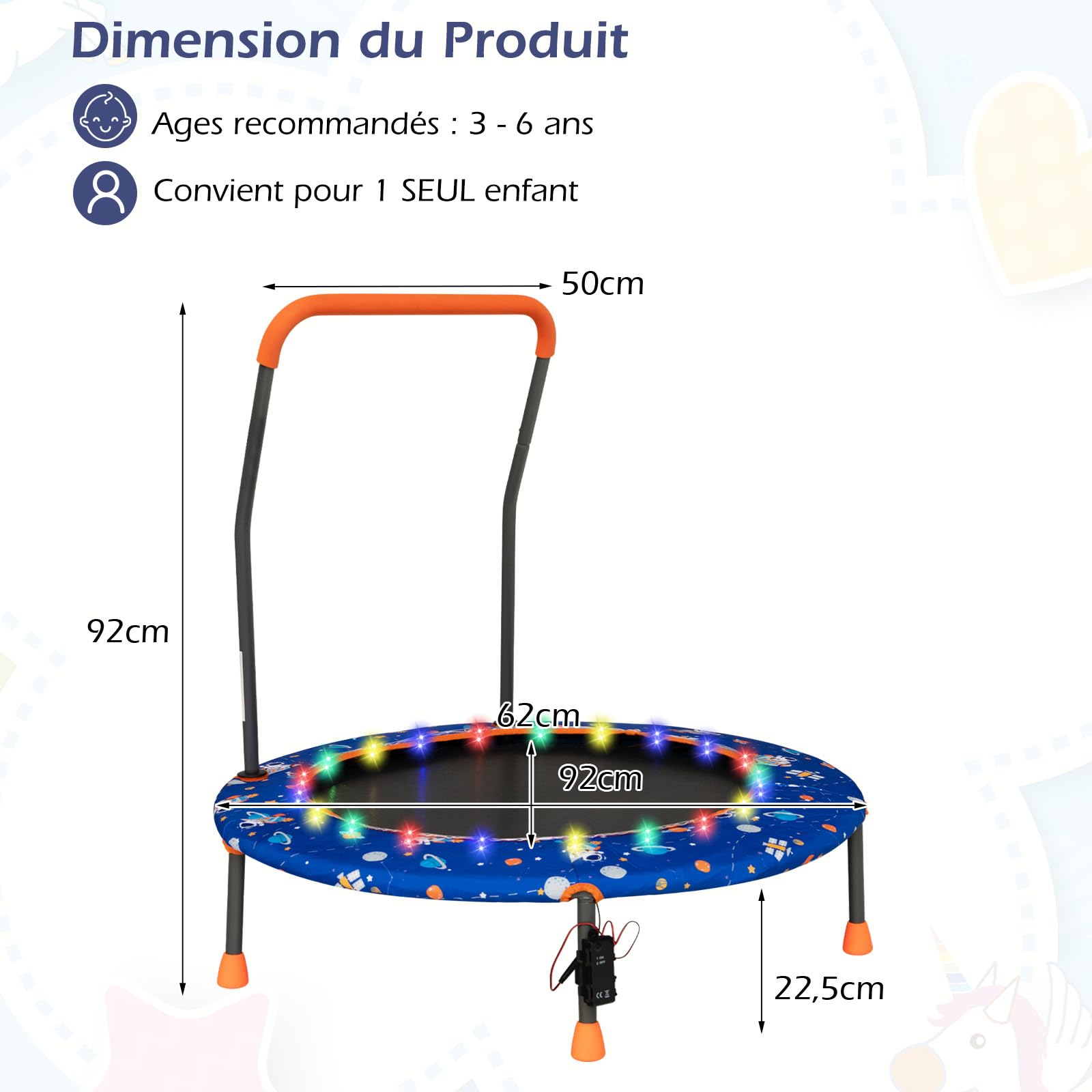 COSTWAY Trampoline Enfant Ø92CM avec 21 Lumières LED & Poignée Amovible, Mini Trampoline Exterieur Enfant avec Motif d'Astronaute & Tapis Antidérapant pour Enfant de 3-6 Ans
