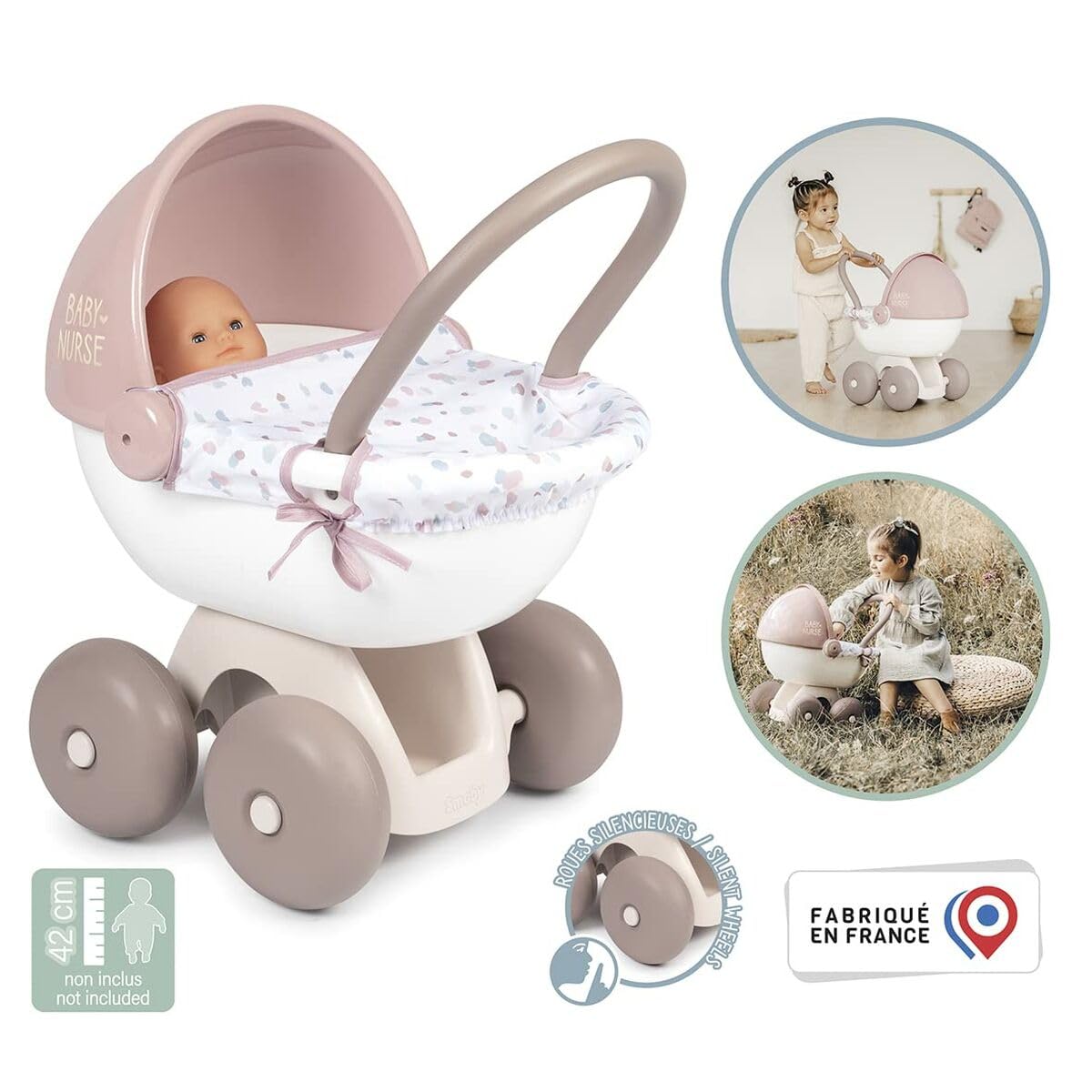 Smoby - Baby Nurse Puppenwagen - kleiner Puppenwagen für dein Püppchen bis 42 cm, mit waschbarem Stoffbezug, für Kinder ab 18 Monaten