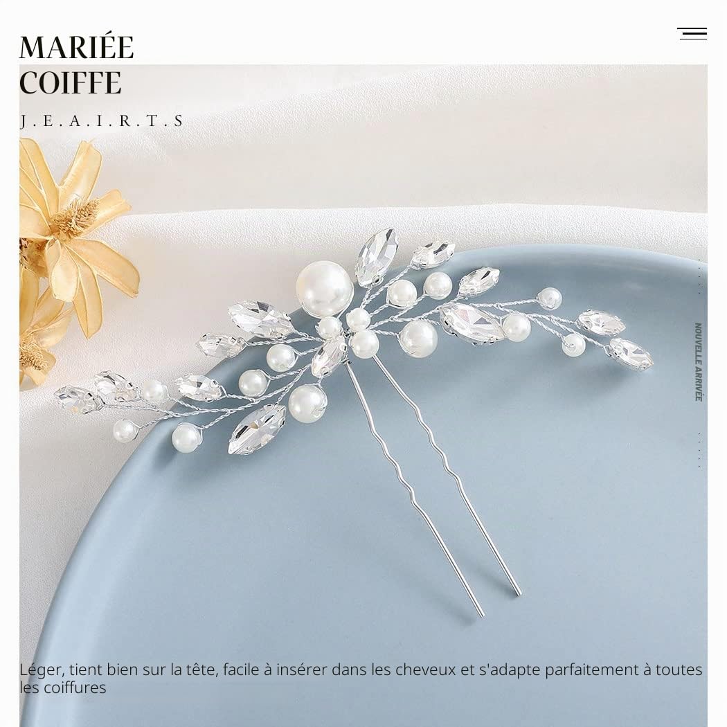 Épingles à cheveux de mariage en perles argentées barrette à cheveux en strass pour femmes