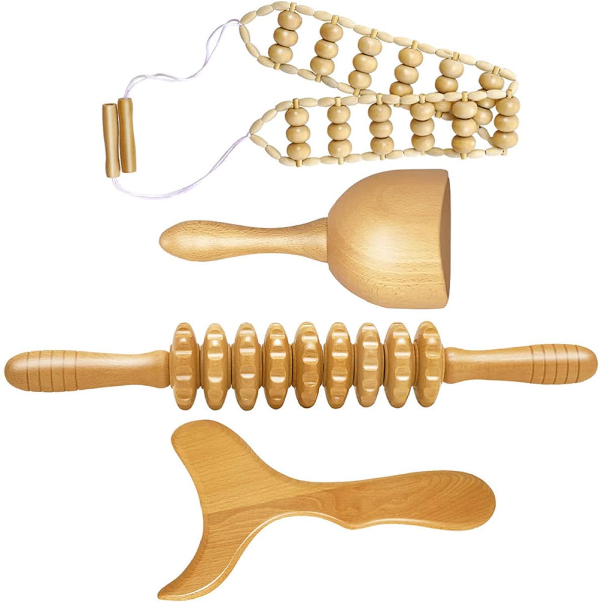 4 Stück Holz Massagewerkzeug mit Rückenmassagerolle und Holzschabebrett für Glatte Anwendung ohne Geruch für Persönliche Entspannung und Reise