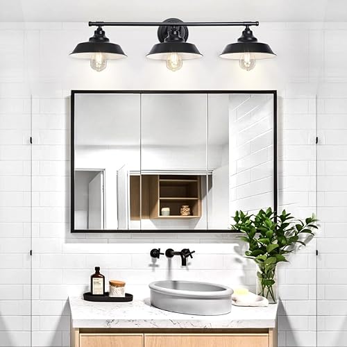 Miniatura 6 de Lámpara de tocador de casa de campo de 3 luces, lámparas de baño negras mate sobre el espejo, lámpara industrial de pared de baño para armario de