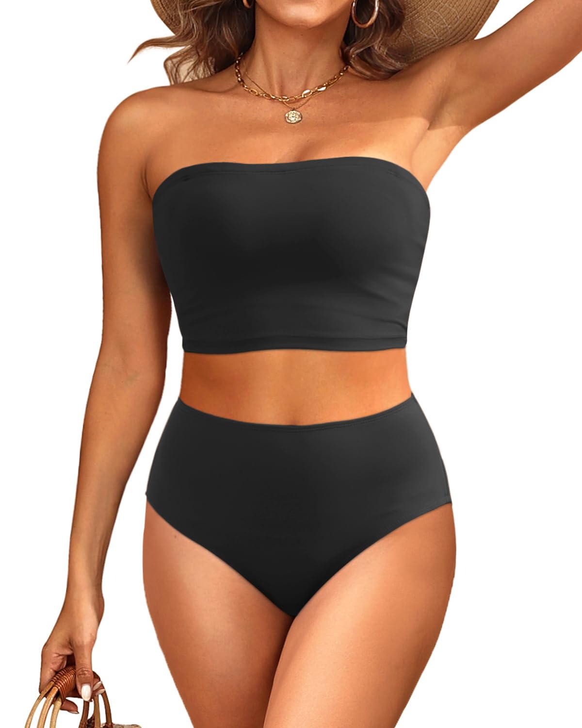 Tempt Me Women Bandeau Bikini Set Strapless High Waisted Two Piece Swimsuit Longline Bathing Suits