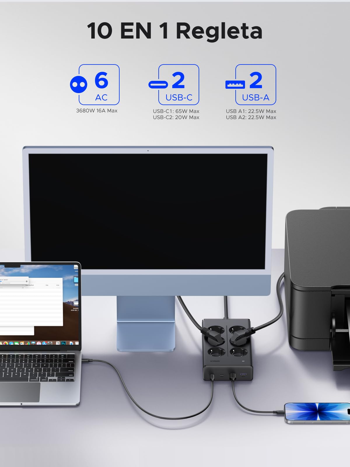 UGREEN 10 EN 1 Regleta Enchufe PD 65W USB C Multiple 6 Tomas AC 3680W 16A | 2 USB-C 2 USB-A, 1.6M Extension Negro, Interruptor, Power Strip GaN Inteligente Ladron Plano, Proteccion Sobretension Oficina