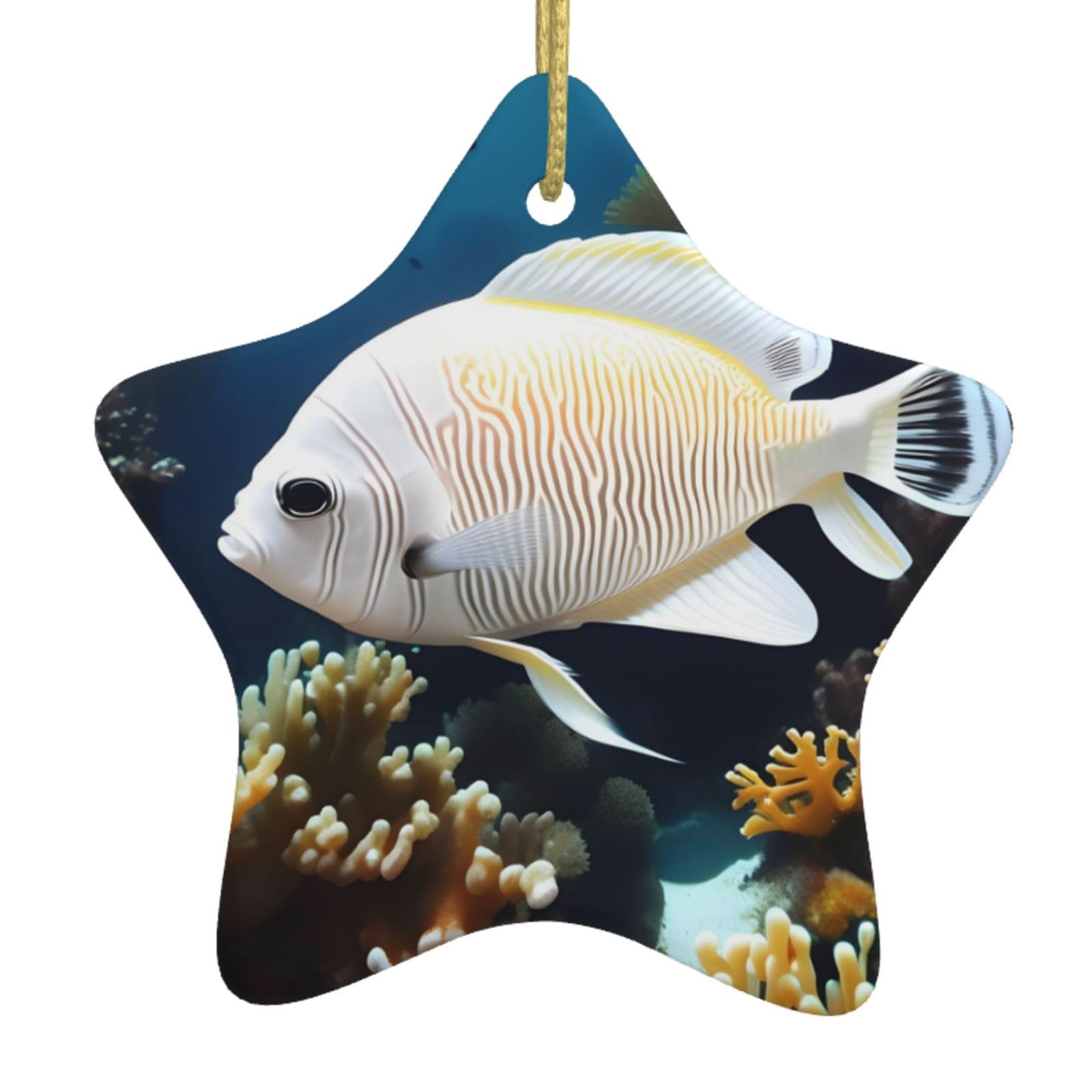 White-Golden Fish Christmas Ceramic Star Pendant with Punched Holes and Gold Wire Rope, Christmas Tree Home Decoration