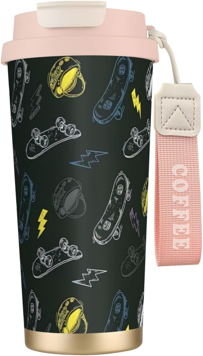 Graffiti Skateboard Print Leakproof Insulated Coffee Mug,Stainless Steel Dual Drink Travel Tumbler,17 OZ