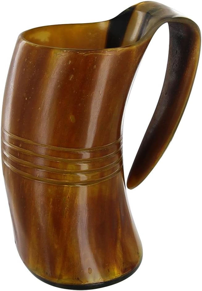 Armory Replicas™ Midsummer Butterscotch Stained Horn Tankard with Carved Bands – 22-26 oz Natural Horn Mug