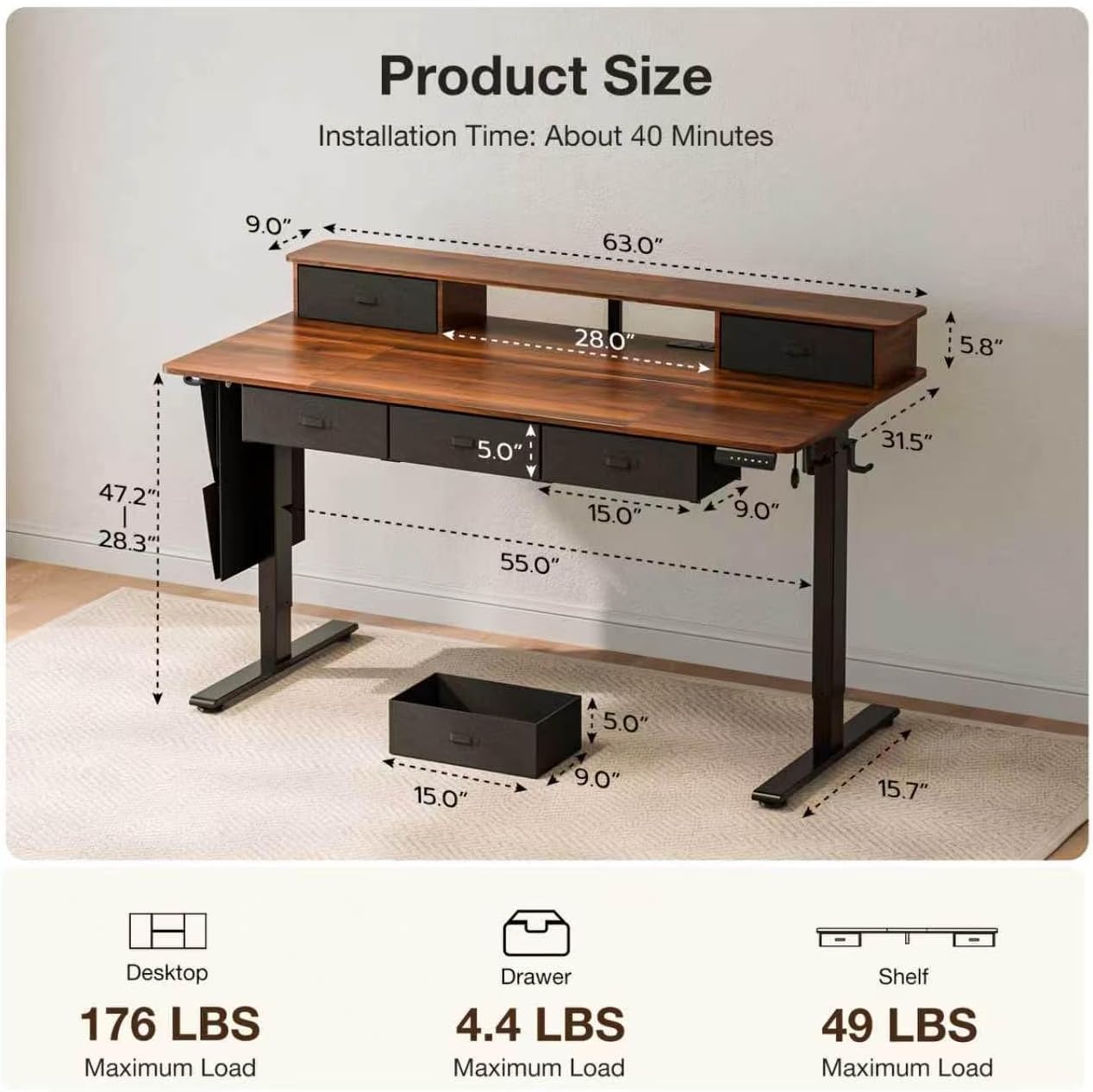 63x32″ Electric Standing Desk with 5 Drawers, Sit Stand Desk with Power Outlets, Monitor Shelf, RGB LED Lights and Cable Management, Height Adjustable 28.3"-47.2" for Home & Office, Walnut thumbnail