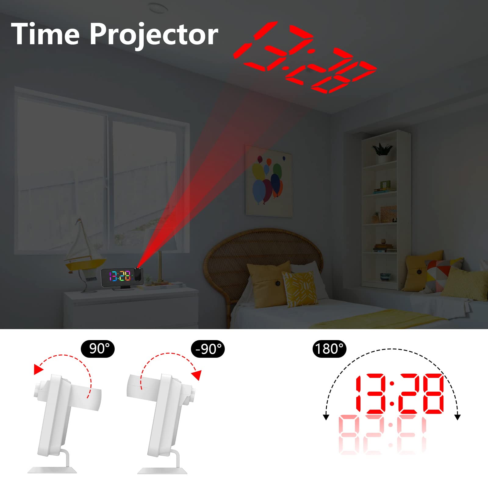 Sveglia RGB con Proiezione Display a 11 Colori 6 Livelli di Luminosità Modalità Snooze 12/24H Cavo USB e Spina Inclusi