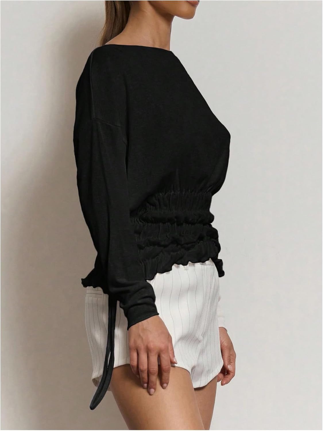 Verdusa Women's Shirred Cinched Waist Tops Long Sleeve Shirts Lightweight Loose Fit Boat Neck Tops Going Out - Image 4