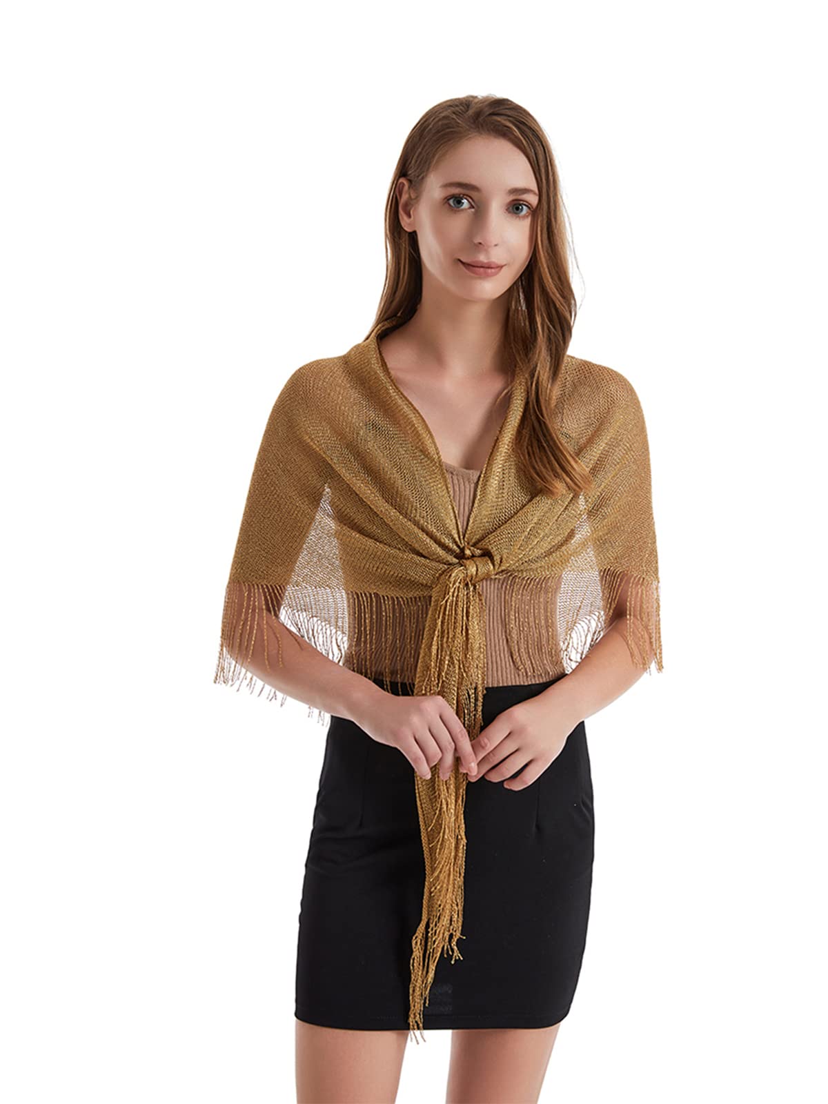 Châle Triangle Multifonctionnel Femme 190x60cm | Etole Métallique Echarpe avec Frange Brillant pour Mariage Bal Cocktail