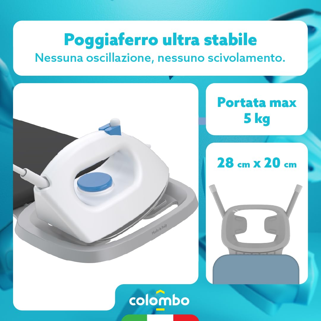 Colombo Asse da Stiro Solid Jr 114x36cm con Poggiaferro Rinforzato | Asse da Stiro Pieghevole Altezza Regolabile Max 90cm con Foderina in Cotone Biologico e Parking Zone Ferro da Stiro | Made in Italy