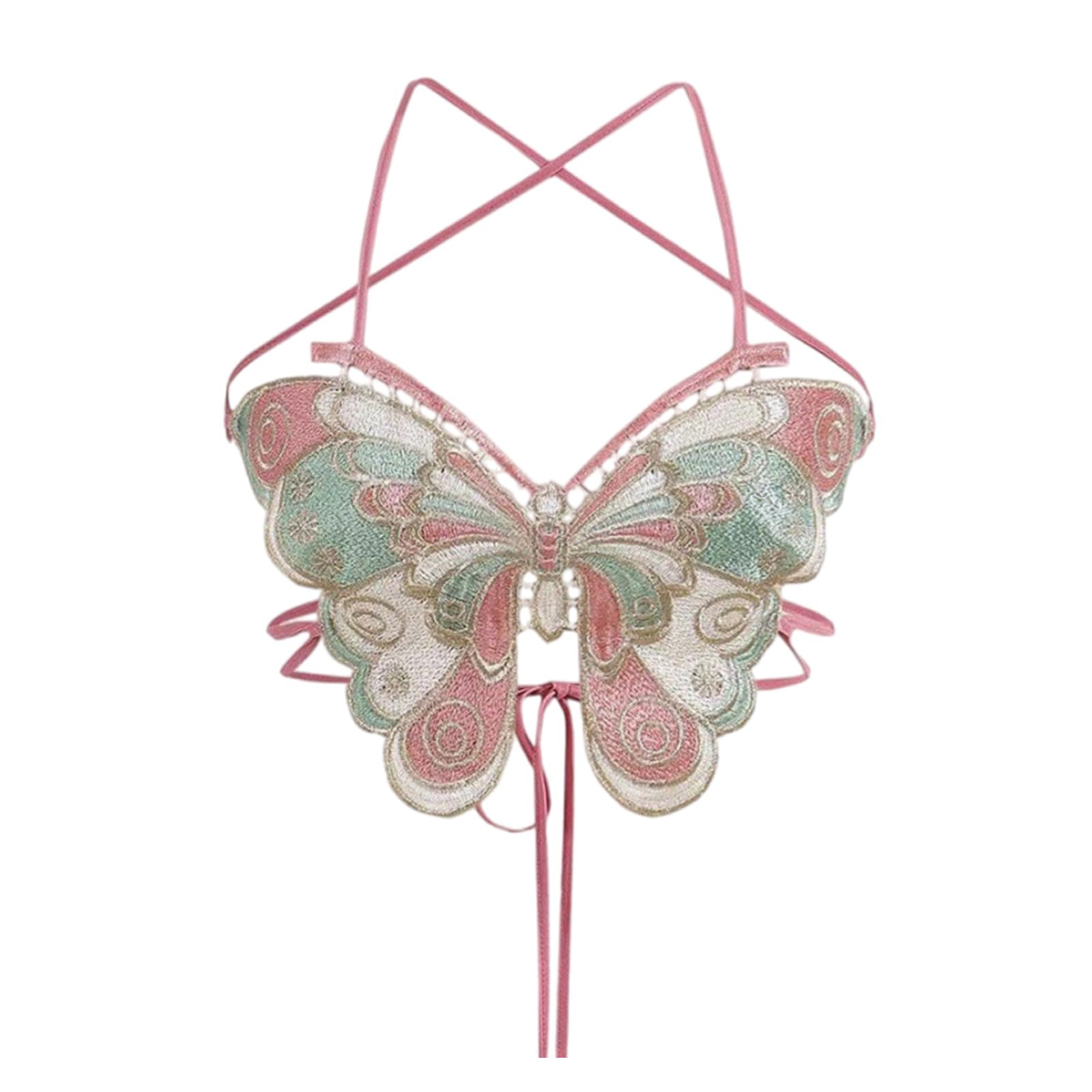 Ksikdeg Womens Butterfly Embroidery Halterneck Backless Crop Top Tie Back Fitted Sleeveless Camisole