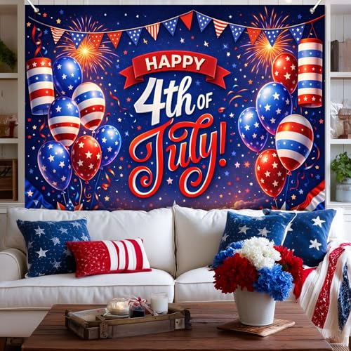 Image of BlissYard 4th of July Backdrop Independence Day Patriotic Party Decorations Photo Booth Backdrop 8x6ft Happy Fourth of July Banner Red White Blue Party Supplies Patriotic Holiday Party Decoration
